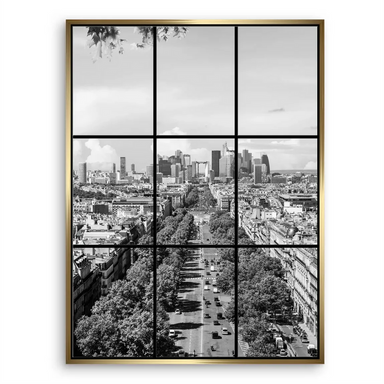 Vertical alignment of avenue and buildings creating a dramatic Paris skyline in black and white.