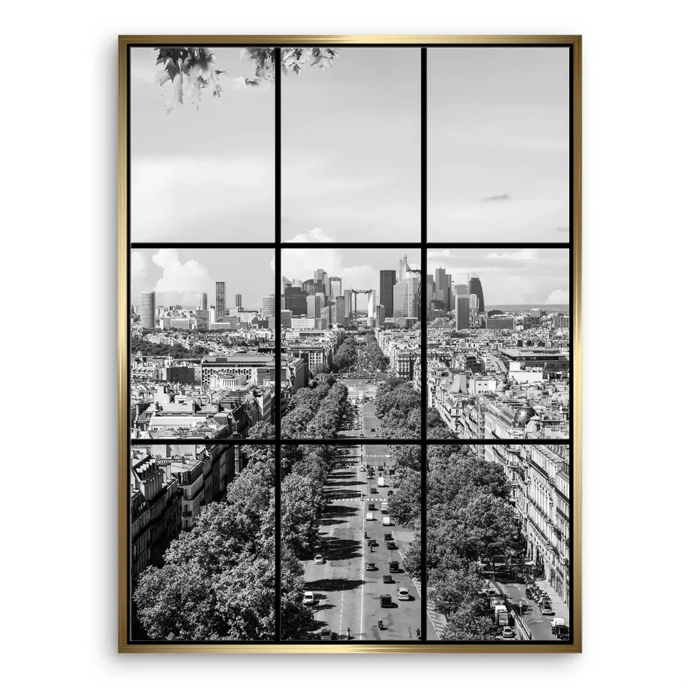 Vertical alignment of avenue and buildings creating a dramatic Paris skyline in black and white.