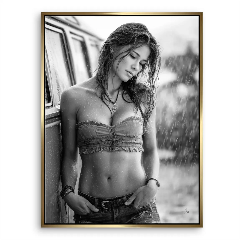 Canvas wall art featuring a woman in a rainy urban scene