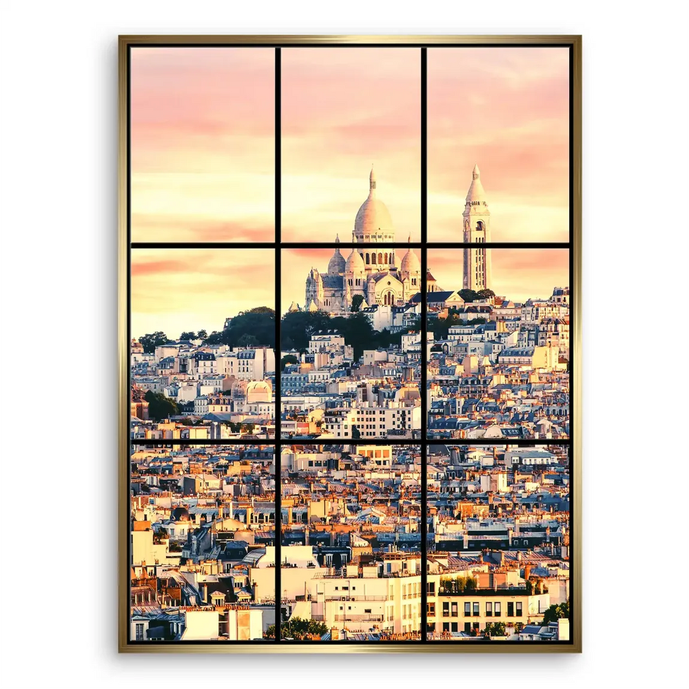 Window-framed cityscape of Paris at dawn with church spires and pastel light.