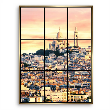 Window-framed cityscape of Paris at dawn with church spires and pastel light.