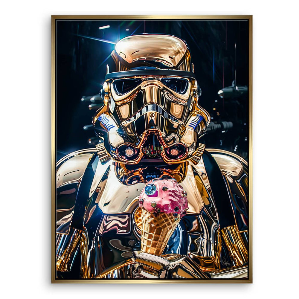 Luxurious sci-fi inspired wall art with reflective gold and bold black contrasts.