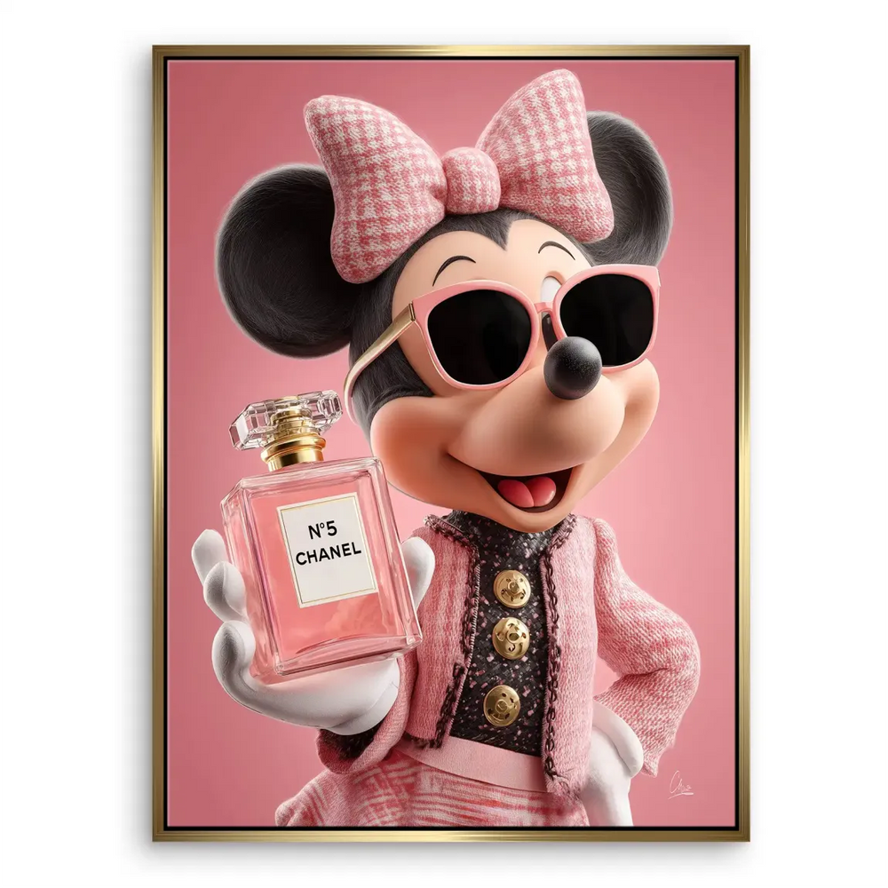 Wealthy pink-themed Minnie Mouse wall art featuring luxury fashion elements for a chic interior.