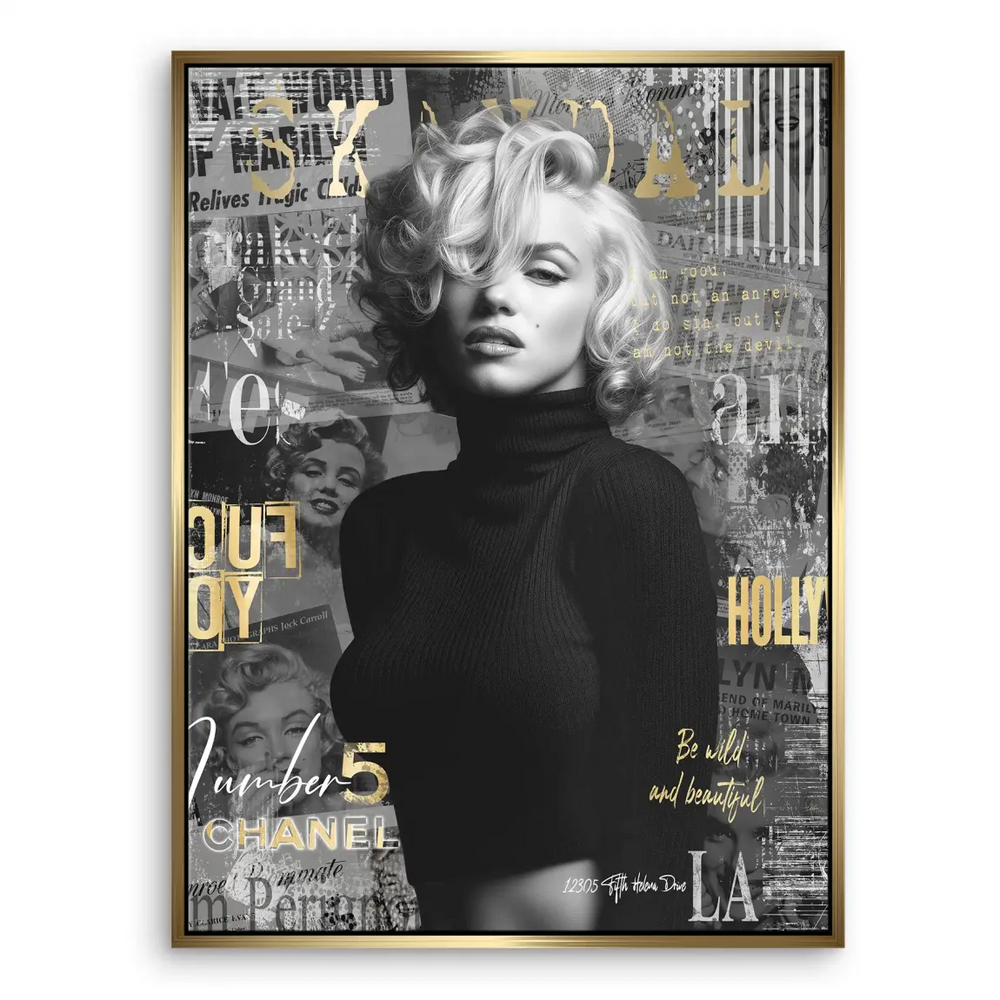 Hollywood glamour mood with pop art profile and gold accents