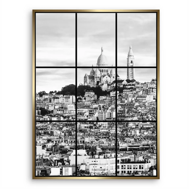 Wide-angle black-and-white photo of Montmartre district highlighting architectural details.