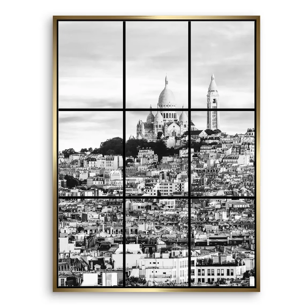 Wide-angle black-and-white photo of Montmartre district highlighting architectural details.