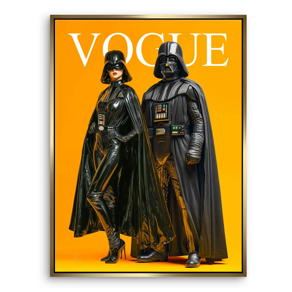Side view of the pair with dramatic poses and luxury fashion vibe on a pop art canvas.