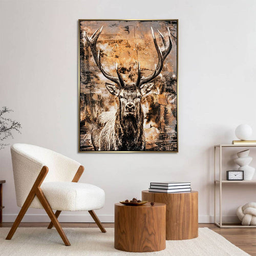 Portrait of a deer in a blend of realistic detail and distressed industrial textures with gray, black, and white splatters.