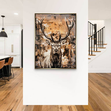 Modern rustic deer composition featuring an urban abstract backdrop on a canvas wall art.