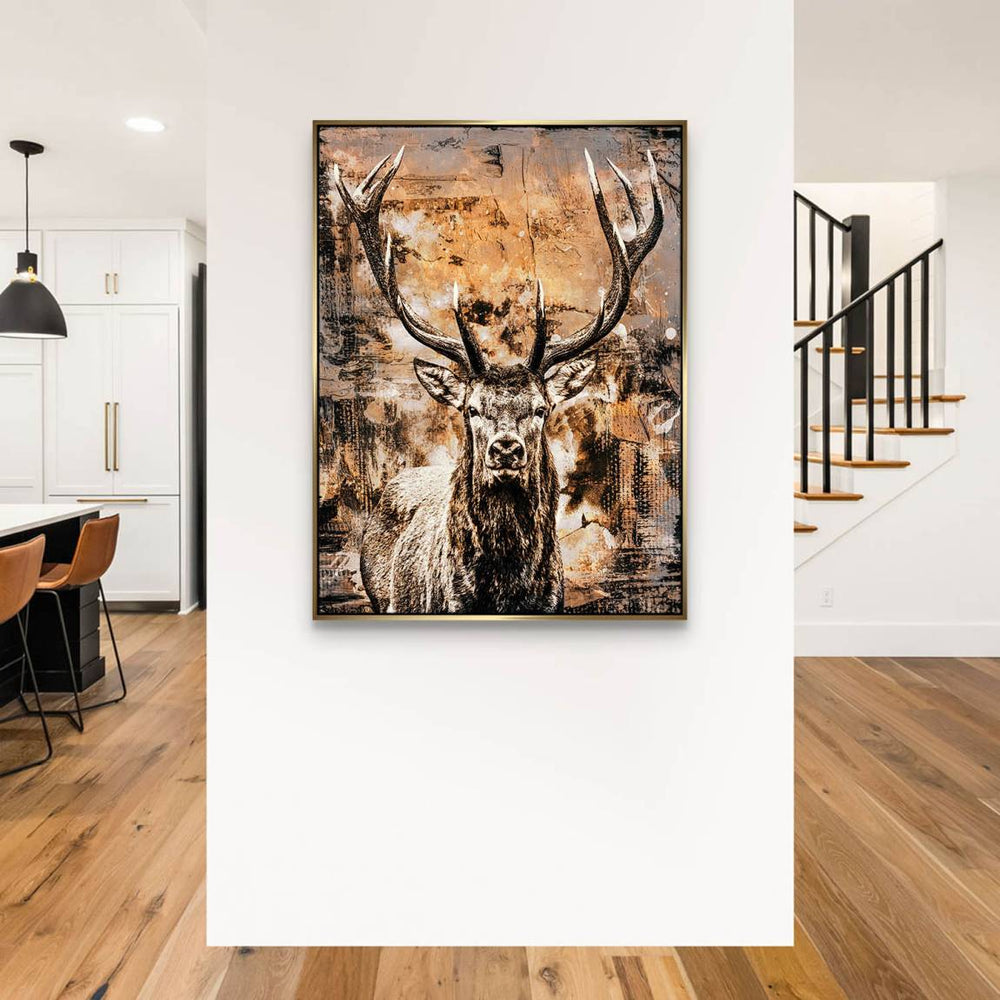 Modern rustic deer composition featuring an urban abstract backdrop on a canvas wall art.