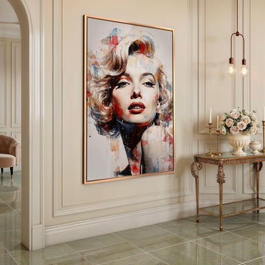 Vibrant Marilyn Monroe portrait on canvas featuring dynamic drips and geometric overlays