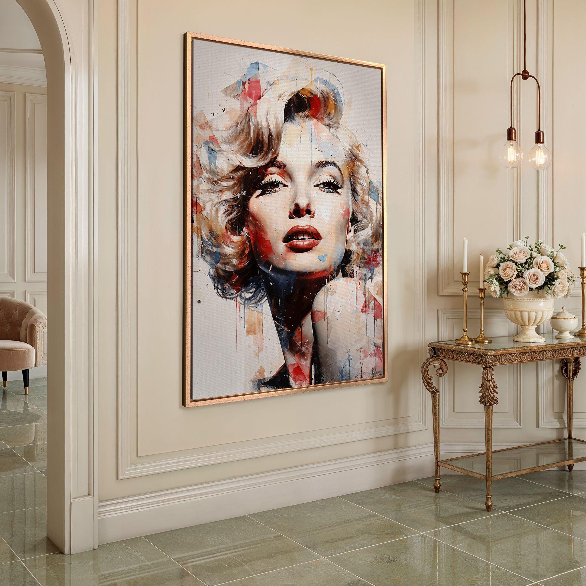 Vibrant Marilyn Monroe portrait on canvas featuring dynamic drips and geometric overlays