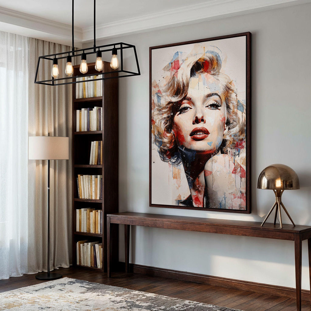 Colorful Marilyn Monroe portrait on canvas with red, blue, orange accents