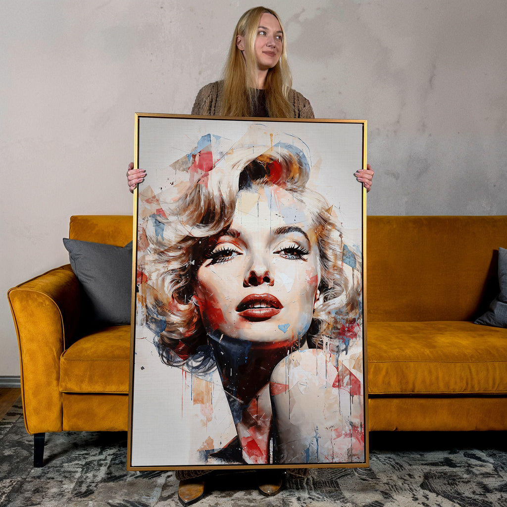 Close-up Marilyn Monroe canvas wall art in Pop Art and Abstract style with bold red, blue, orange, and black splashes