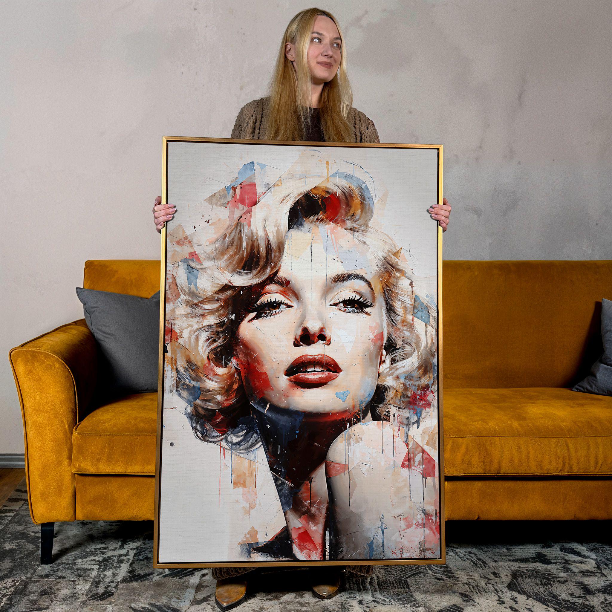 Close-up Marilyn Monroe canvas wall art in Pop Art and Abstract style with bold red, blue, orange, and black splashes