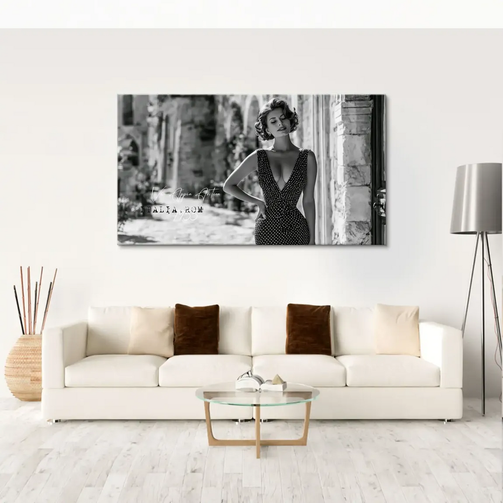 Vintage fashion wall art featuring a Sophia Loren-inspired diva in grayscale.