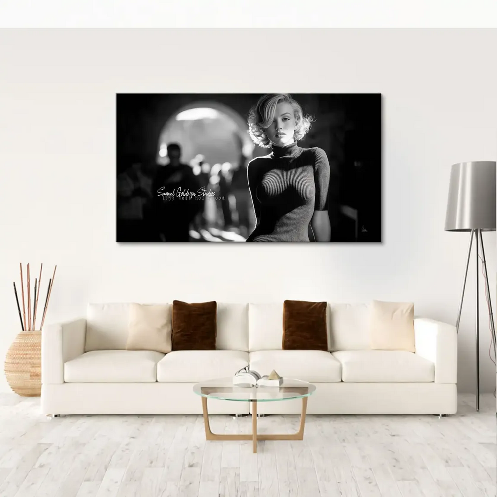 Monroe-inspired vintage fashion portrait in a studio setting for wall decor