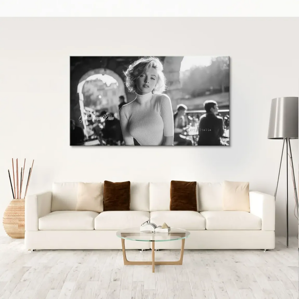 Vintage Marilyn Monroe portrait on canvas print; European street setting evokes Italian fashion photography.