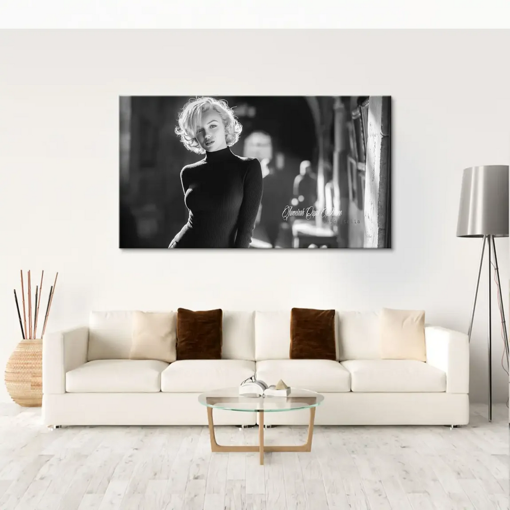 Vintage fashion canvas wall art featuring a glamorous Hollywood icon in a black turtleneck.