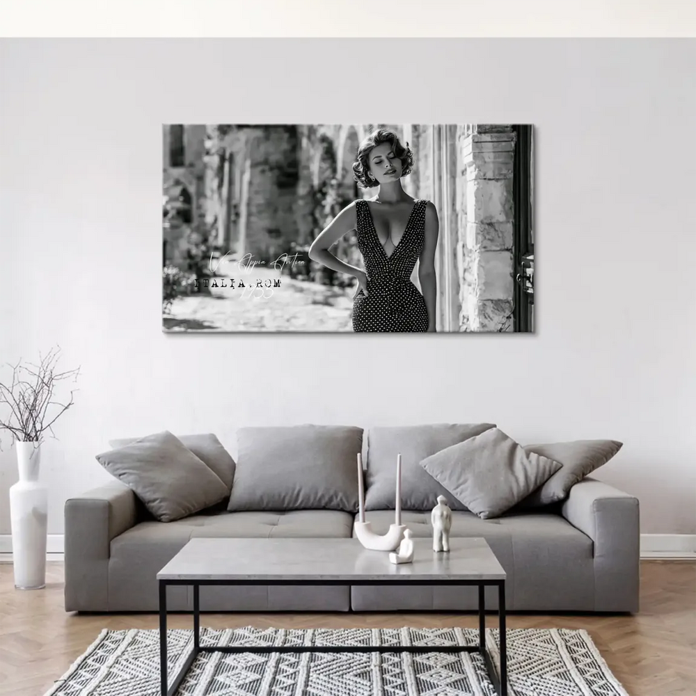 1950s Hollywood style wall art with an iconic female figure and classical architecture.