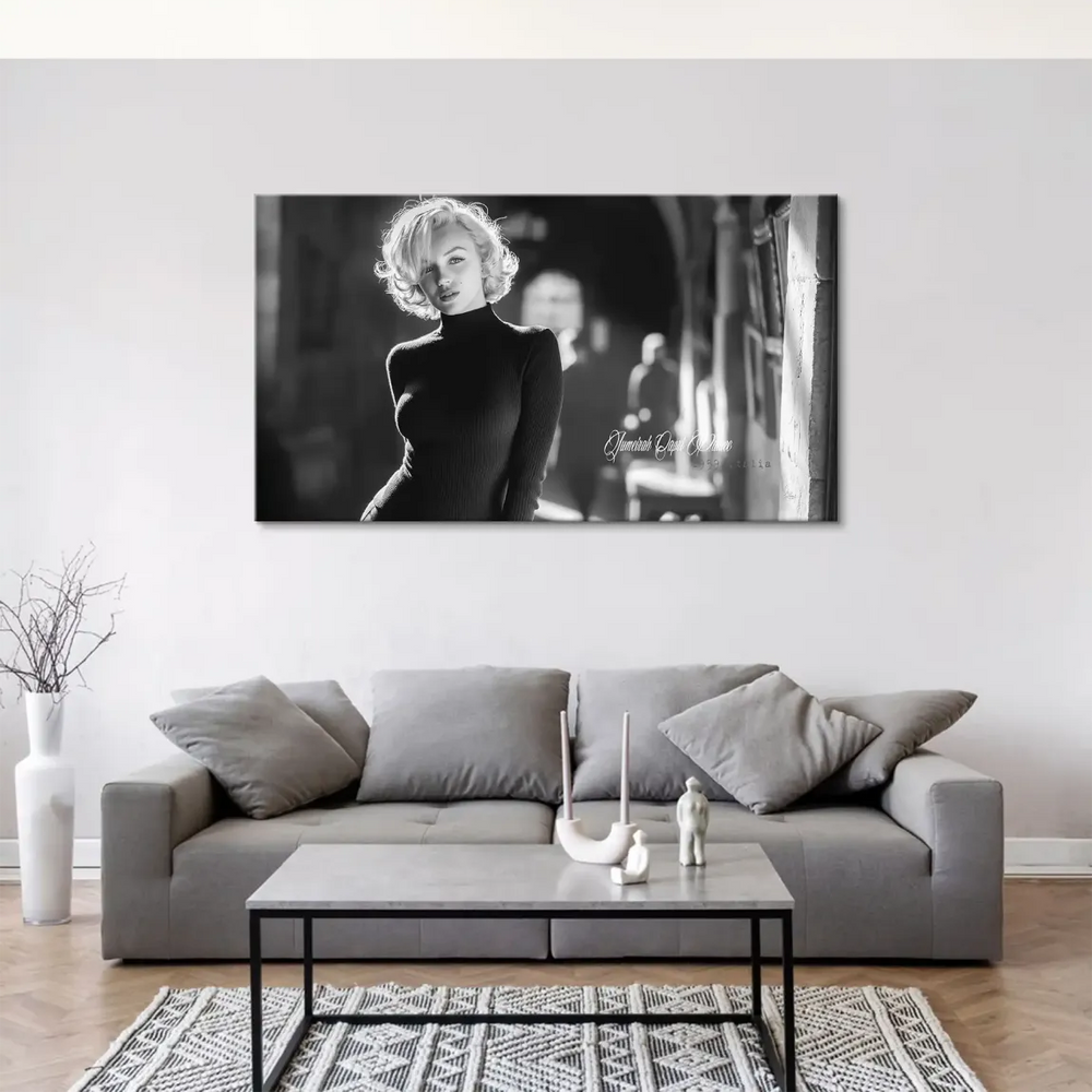 Monochrome portrait canvas print with high-contrast lighting and classic cinema vibe.