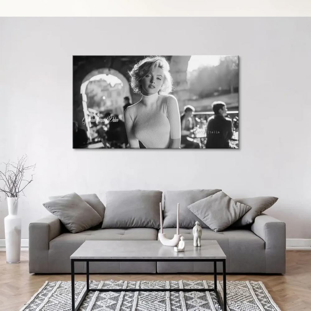 Classic black-and-white Marilyn Monroe canvas wall art for living room or office decor, inspired by Italy.