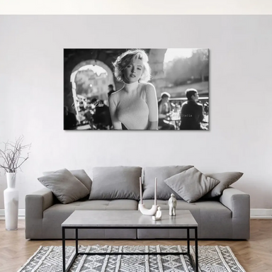 Classic black-and-white Marilyn Monroe canvas wall art for living room or office decor, inspired by Italy.
