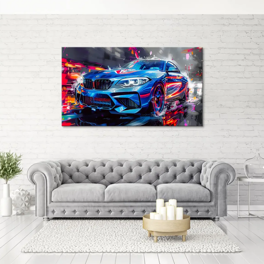 Dynamic BMW M2 in a cyberpunk-inspired abstract design against a neon-lit urban skyline.