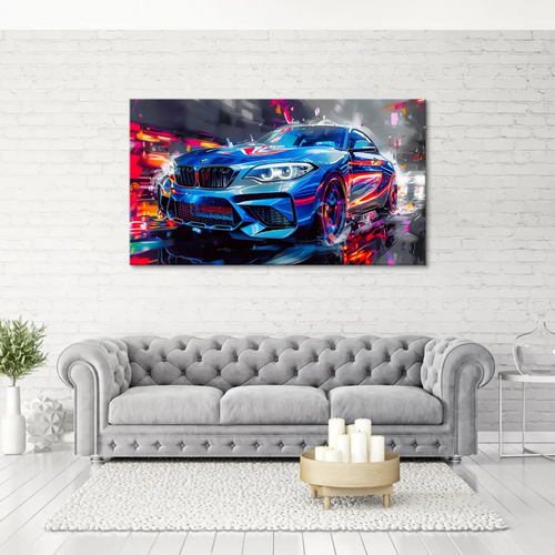 Dynamic BMW M2 in a cyberpunk-inspired abstract design against a neon-lit urban skyline.