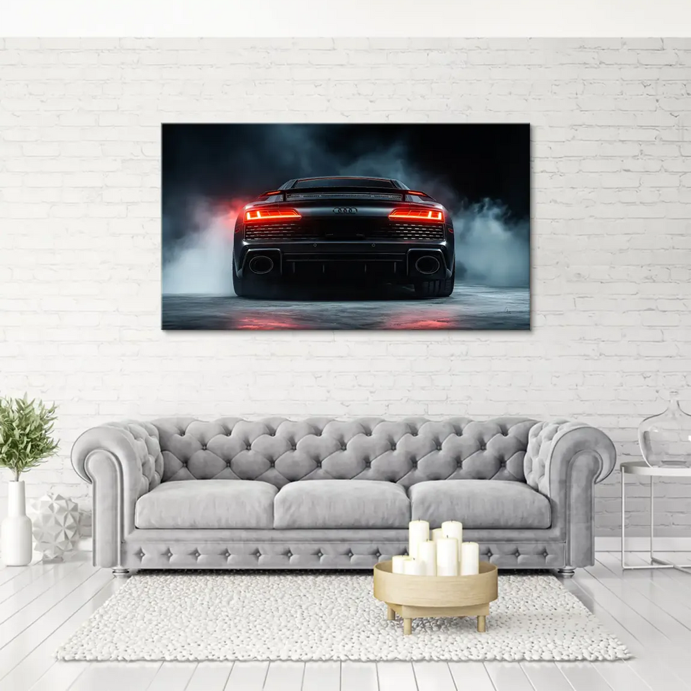 Contemporary canvas art of an Audi R8 in black and gray tones