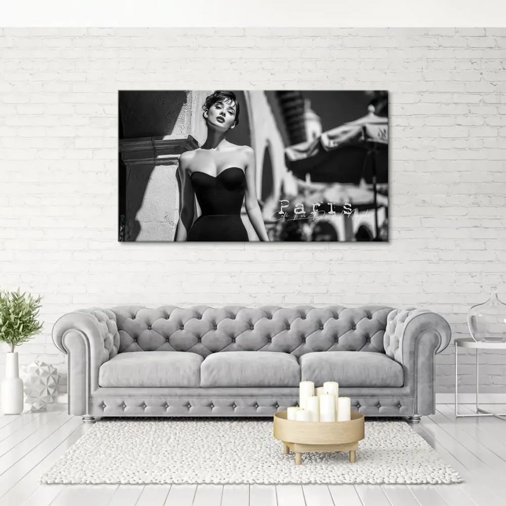 Monochrome wall art featuring a glamorous woman in a Paris city scene