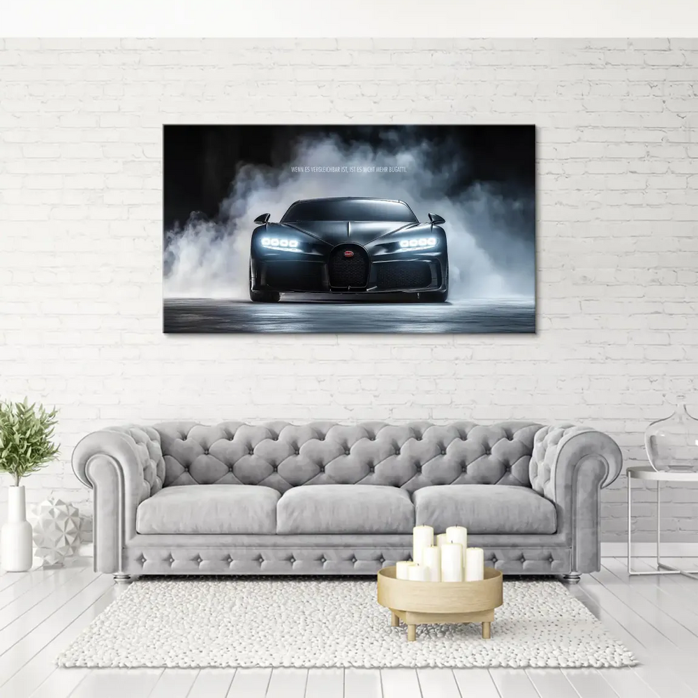 Close-up of the red Bugatti emblem on a dark grey canvas print.