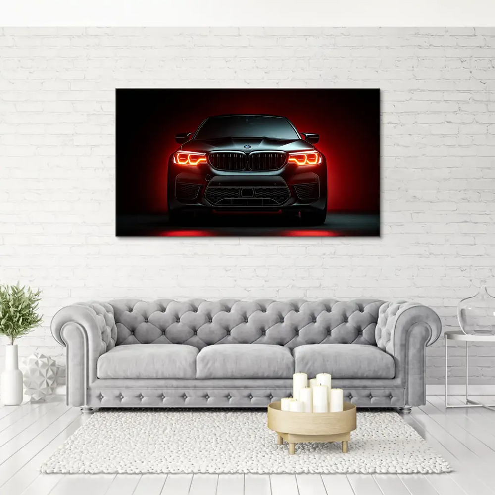 Close-up of the BMW M5 grille and headlights in a high-contrast automotive art piece