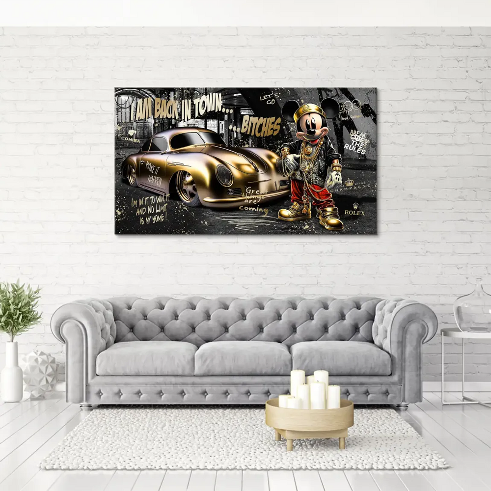 Close-up of metallic gold Mickey and Porsche 356 on a graffiti-filled canvas with rebellious street text.