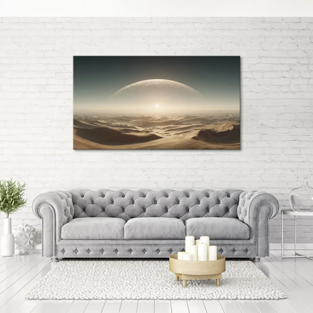 Wide desert vista on canvas wall art with sandy foreground, warm oranges, and a distant celestial body near the horizon
