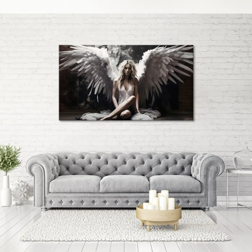 Full-length image of an angel-winged woman posed against an industrial backdrop