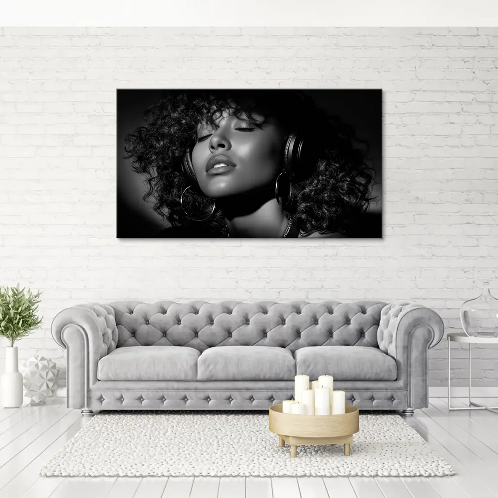 Fashion-inspired black and white wall art featuring a headphone-wearing woman with dramatic lighting.