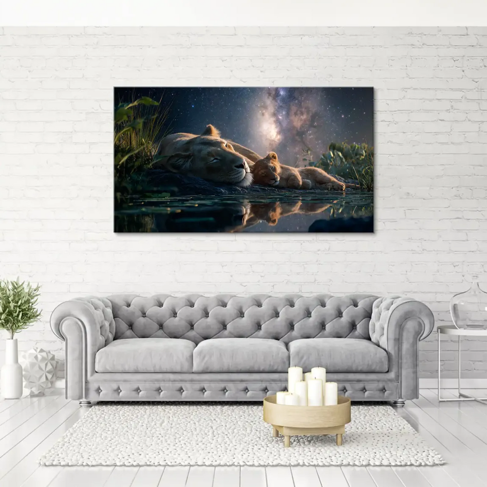 Golden lions contrast with a blue-purple celestial backdrop in a serene wildlife scene.