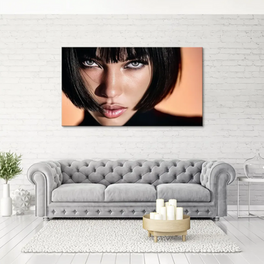 Horizontal composition of a poised woman, elegant lighting, contemporary art style