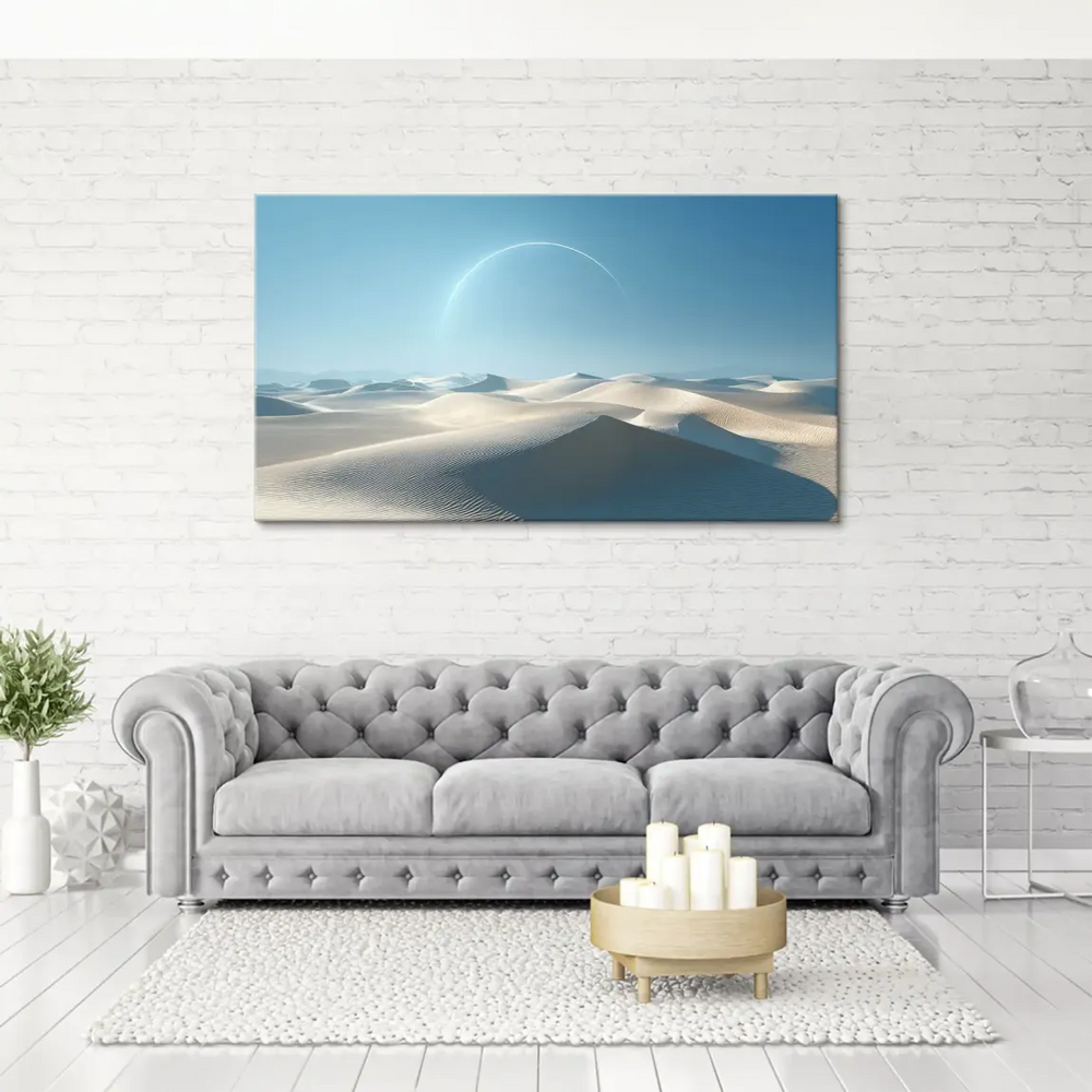 Minimalist white sand landscape with soft shadows and vast openness