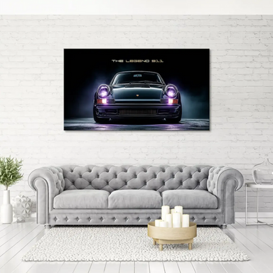 Head-on view of black Porsche 911 car art in neon-noir style