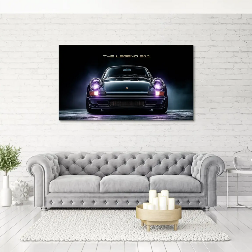 Head-on view of black Porsche 911 car art in neon-noir style