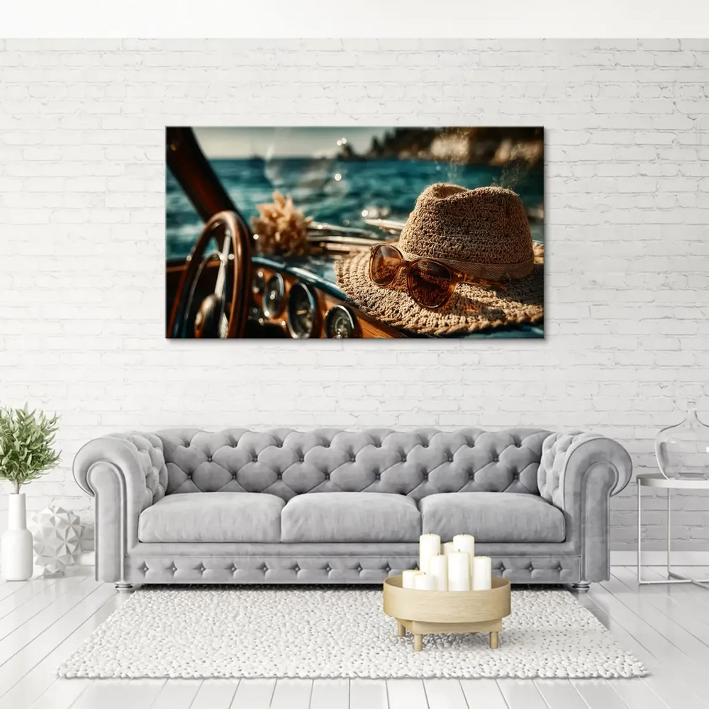 Blue ocean and sunlit coastline create a serene coastal travel vibe on a canvas wall art