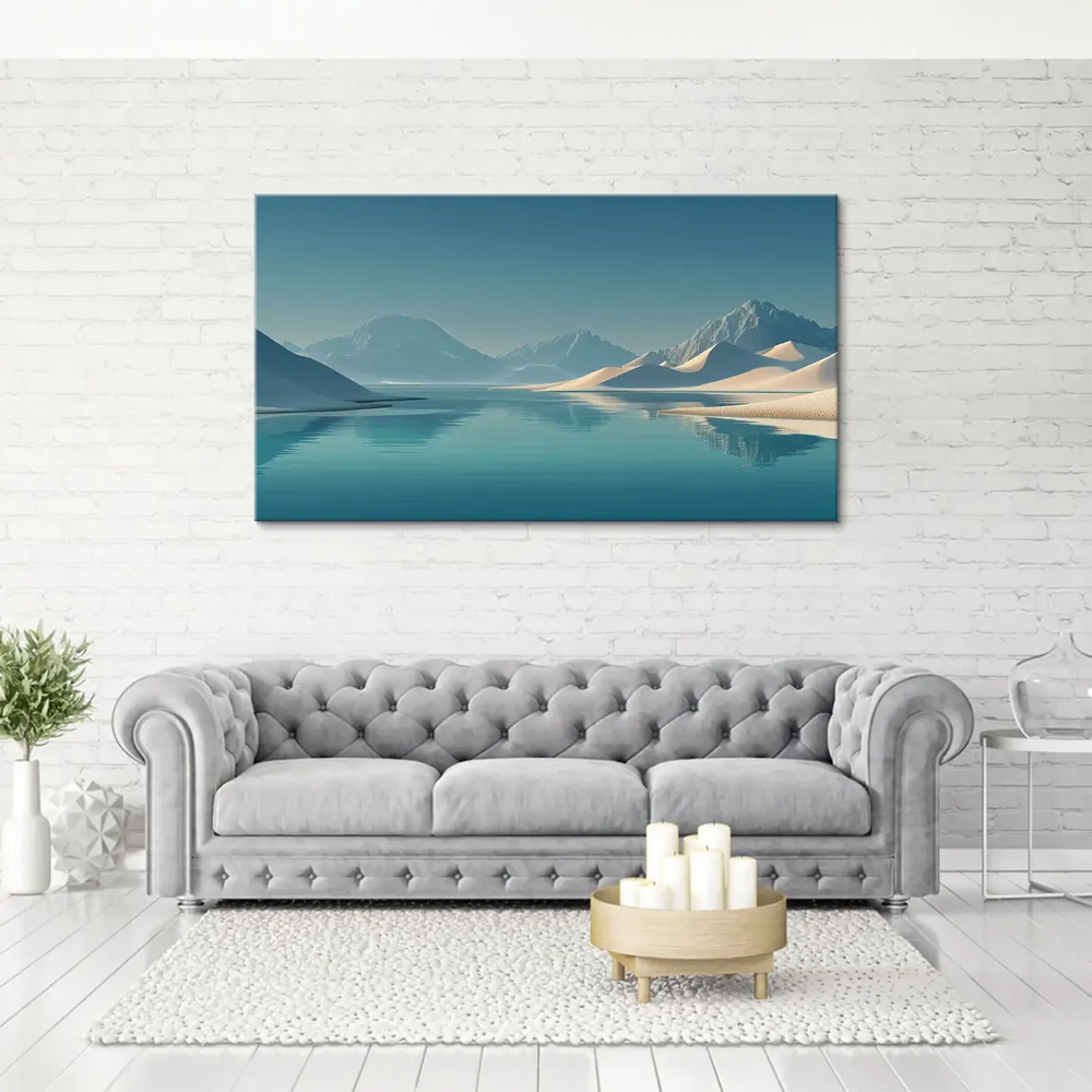Minimalist desert scene featuring soft dunes along calm teal water.