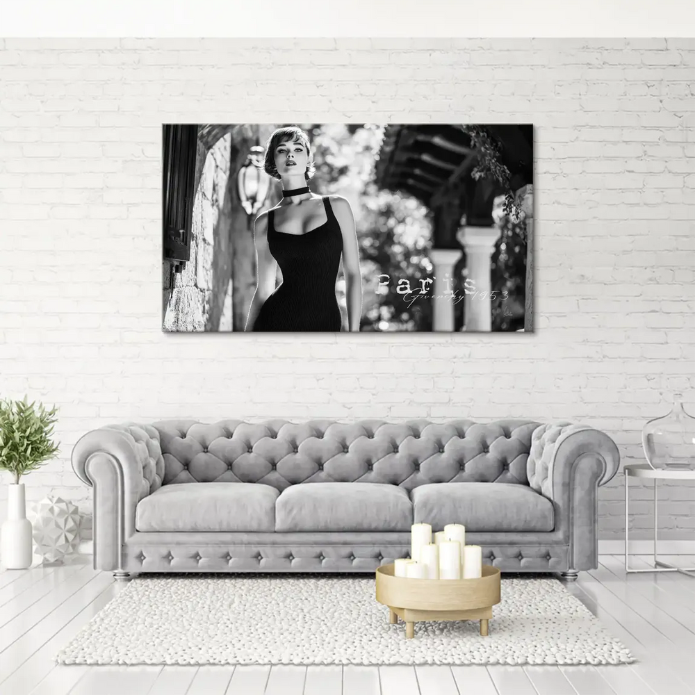 Monochrome portrait canvas art featuring chic 1950s Paris fashion and arched architecture