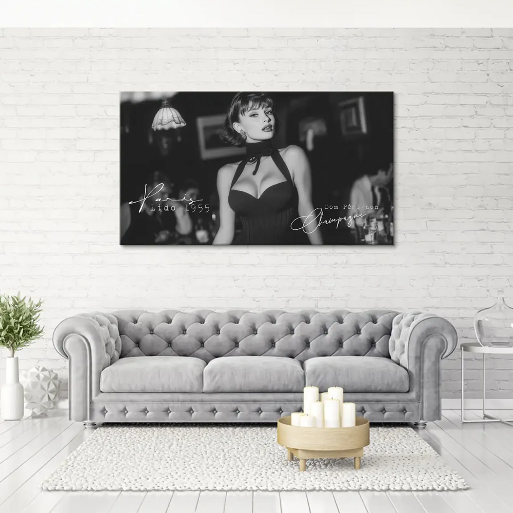 Chic vintage Hollywood mood with Audrey Hepburn as a fashion icon in a dim Paris nightclub setting.