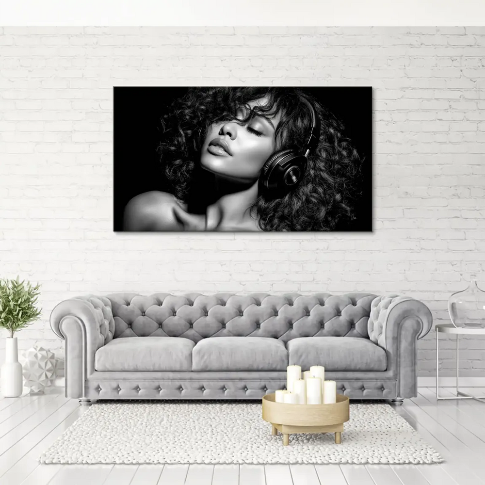 Monochrome canvas wall art featuring a contemplative female portrait.