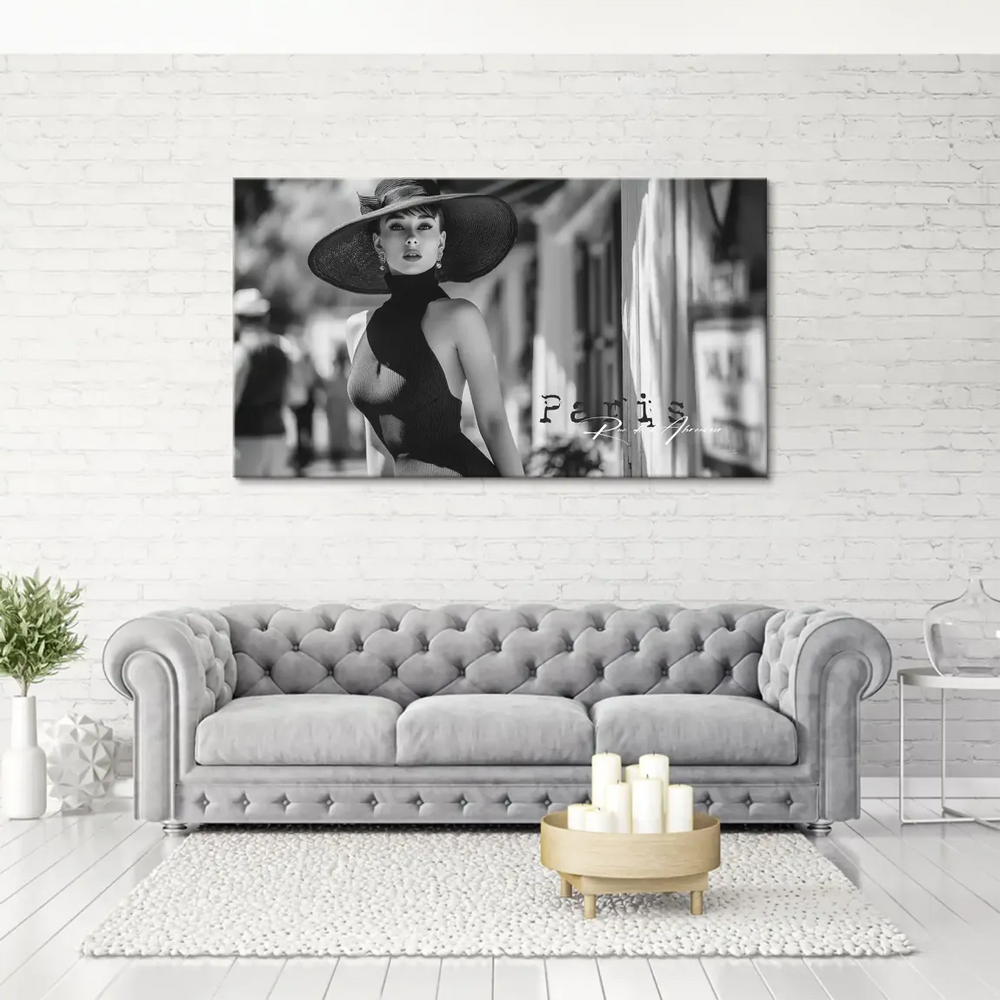 Paris city ambiance with a stylish woman and blurred background, landscape-oriented canvas