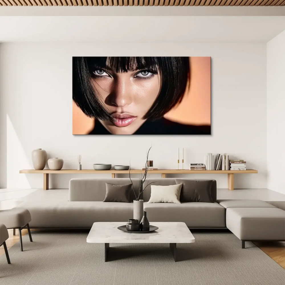 Glamorous canvas wall art featuring a fashion-forward woman portrait with a soft, warm backdrop
