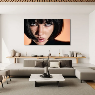 Glamorous canvas wall art featuring a fashion-forward woman portrait with a soft, warm backdrop